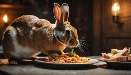  a rabbit sitting on a table next to a plate of food and a plate of food on a plate with a slice of bread on the plate next to it.