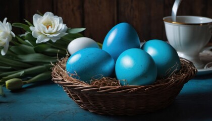  a basket of blue eggs sitting on a table next to a cup of coffee and a vase with white flowers and a white tulip on a blue table cloth.