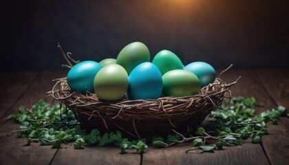 a basket filled with blue and green eggs sitting on top of a wooden table next to a leafy green plant on top of a brown wooden planked surface.