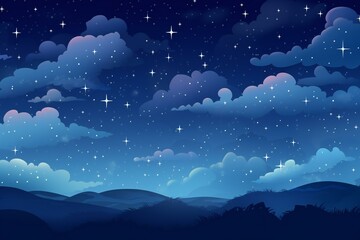 Cartoon night sky with stars and clouds. Flat illustration background.  