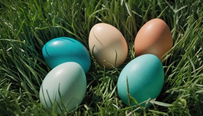 Fototapeta na wymiar a group of four eggs laying on top of a lush green grass covered grass covered in blue, brown, and white eggs in a row on top of green grass.