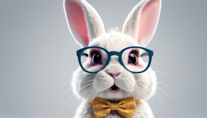  a white rabbit wearing glasses and a bow tie with a yellow polka dot bow tie on it's chest and wearing a yellow polka dot bow tie and blue glasses.