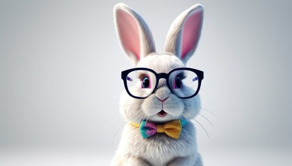  a white rabbit wearing glasses and a bow tie with a bow tie around it's neck, sitting in front of a gray background, wearing a bow tie and looking at the camera.