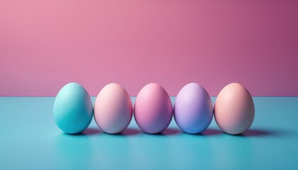  a row of pastel colored eggs sitting in a row on a blue surface against a pink and blue background with a pink wall in the middle of the background.
