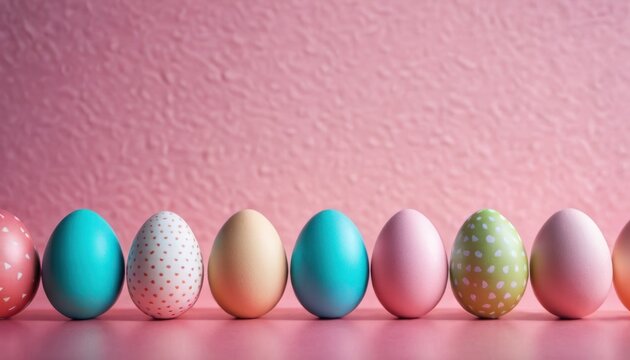  a row of colorful easter eggs on a pink surface with a pink wall in the back ground and a pink wall in the back ground in the middle of the row.