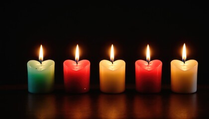  a row of multicolored candles sitting next to each other on top of a wooden table in front of a black background with one candle lit up in the middle.