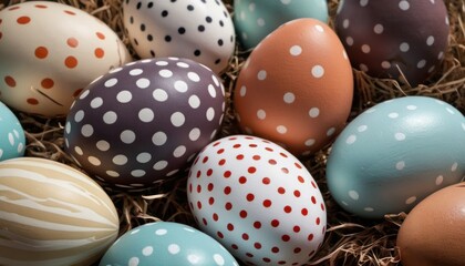  a close up of a bunch of eggs in a nest of hay with polka dot designs on the eggs and the eggs in the nest are brown and blue and white.