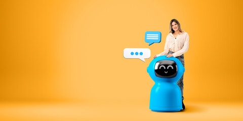 Young woman and her chat bot robot assistant with speech bubbles - obrazy, fototapety, plakaty