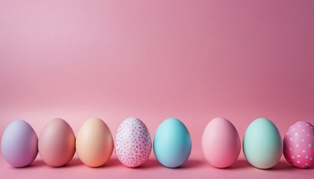  a row of painted eggs in pastel colors on a pink background with a polka dot pattern in the middle of the row is a row of the eggs on a pink background.