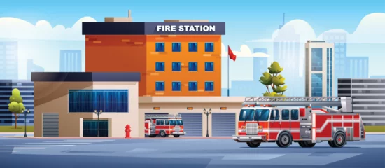 Foto op Plexiglas Fire station building with fire trucks on cityscape background. Fire department. City landscape vector cartoon illustration © YG Studio