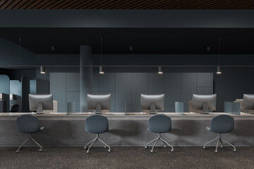 Dark bank interior with consulting work zone with chairs and pc desktop in row