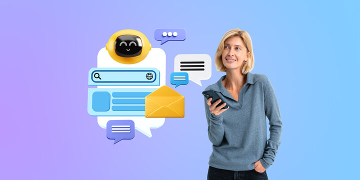 Smiling woman using smartphone and chat bot, technology and communication