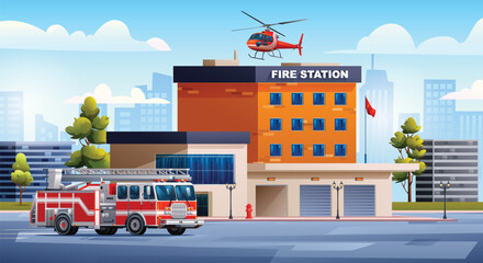 Fire station building with fire truck and helicopter on cityscape background. Fire department. City landscape vector cartoon illustration - obrazy, fototapety, plakaty