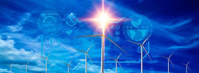 Concepts: Wind turbines, illustrated icons, carbon dioxide emissions issues and reduction, global warming and climate change Earth Day for Energy Conservation and Sustainable Development
