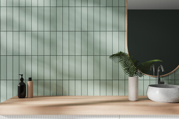 Green closeup hotel bathroom interior with sink, accessories and decoration © ImageFlow