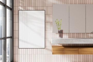 Pink modern hotel bathroom interior with sink and mirror, vanity with minimalist accessories and panoramic window on skyscrapers. Mockup copy space canvas poster. 3D rendering