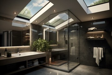 Contemporary bathroom featuring a 3D skylight and shower. Generative AI - obrazy, fototapety, plakaty