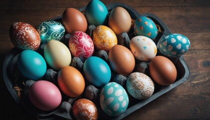 Fototapeta na wymiar a tray filled with different colored eggs on top of a wooden table in front of a wooden table with a wooden table top and a wooden table with a wooden surface.