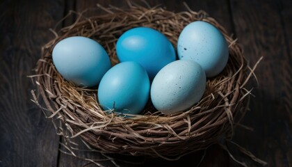Fototapeta na wymiar a nest filled with blue eggs sitting on top of a wooden table next to a pile of straw on top of a wooden table next to a wooden table top.