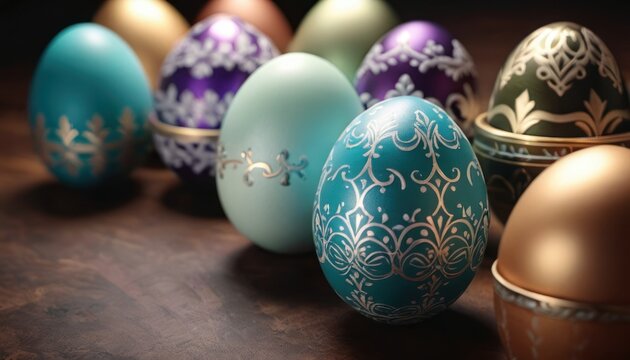  a group of different colored eggs sitting on top of a wooden table next to an egg tint with an ornate design on the side of the egg, and a smaller one with a smaller egg in the middle.