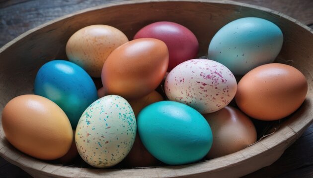  a bowl filled with different colored eggs on top of a wooden table with sprinkles on one of the eggs and the rest of the eggs in the bowl.