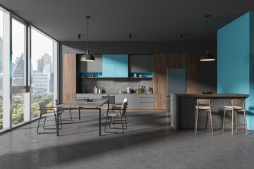 Grey home kitchen interior bar counter and cooking zone, panoramic window