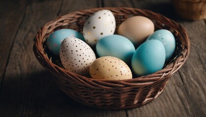 Obraz na płótnie Canvas a basket filled with blue and white eggs on top of a wooden table in front of a basket filled with brown and white eggs on top of a wooden table.