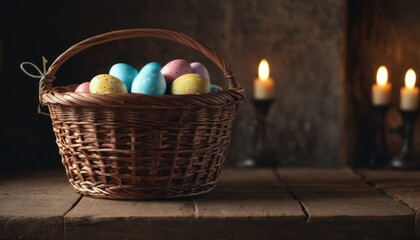  a basket filled with colored eggs sitting on top of a wooden table next to a lit candle in a room with a wooden floor and brick wall in the background.