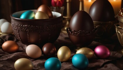  a close up of a bowl of chocolate eggs with colored eggs in front of it on a table with candles and a cloth on the tablecloth with a candle in the background.