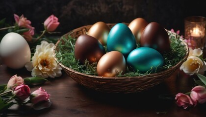 Obraz na płótnie Canvas a basket filled with blue and brown eggs sitting on top of a wooden table next to pink and white flowers and a candle on top of a wooden table with pink and white flowers.