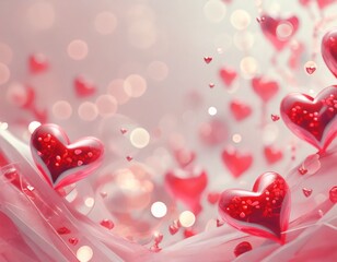 Valentine's day pink pastel watercolour background with red hearts and copyspace.