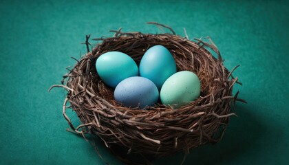  a bird's nest filled with blue eggs on top of a green surface with a green surface behind the nest is a blue and white bird's egg.