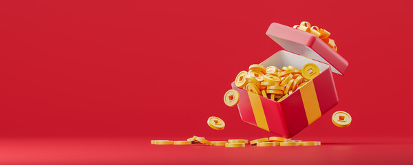 Red gift box full of chinese lucky coins, fortune and money copy space © ImageFlow