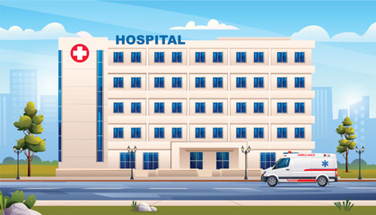 Public hospital building with ambulance emergency car. Medical clinic on cityscape background. Vector cartoon illustration - obrazy, fototapety, plakaty
