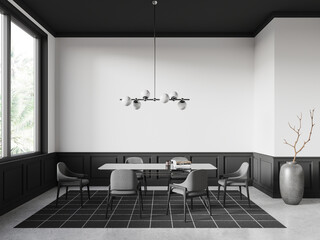 Modern home living room interior with table and armchairs, panoramic window