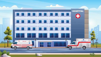 Public hospital building with ambulance emergency cars on cityscape background vector illustration