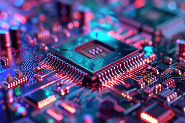 Futuristic computer microprocessor core with intricate design. A powerful processor chip on a mega computer.