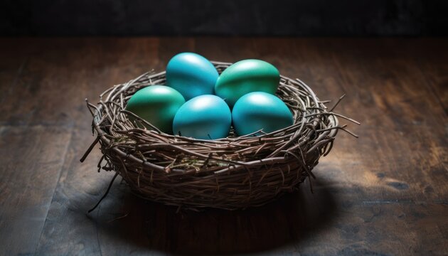  a bird's nest filled with blue and green eggs on top of a wooden table in front of a dark background with only one egg sitting in the middle of the nest.