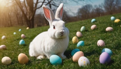  a white rabbit sitting on top of a lush green field filled with colorfully painted eggs in front of a row of trees and grass covered with nooks.
