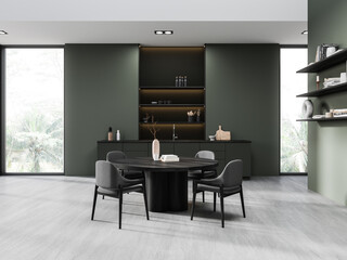 Green home kitchen interior with eating table and cooking space, window