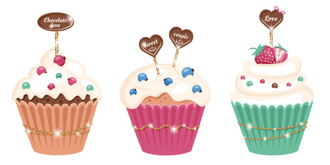 Valentine's day. Set of festive Sweet muffins with various frosting, glitter ribbon. Tasty cupcakes, heart shaped chocolate,  strawberry, blueberry, sprinkling. Romantic Concept. Vector illustration - obrazy, fototapety, plakaty