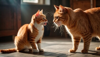  a couple of cats standing on top of a wooden floor next to each other on top of a hard wood floor with sunlight coming through the top of the cats.