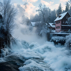 Winterflut durch Schneeschmelze - Hochwassergefahr am vereisten Fluss