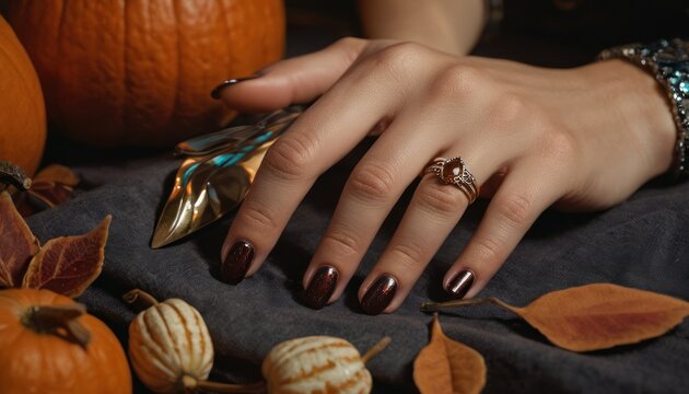  a close up of a person's hand with a manicure and a ring on top of a table with pumpkins and other pumpkins in the background.