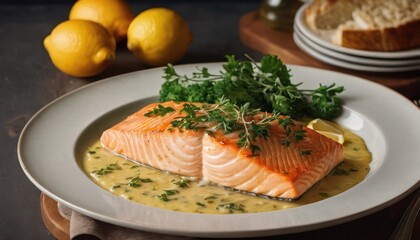  a white plate topped with a piece of fish covered in sauce and garnished with parsley on top of a wooden table next to sliced lemons and bread.