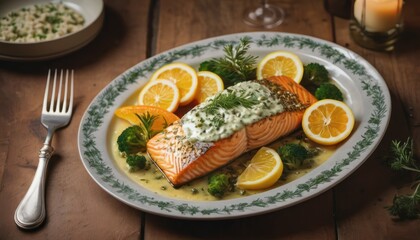  a plate of salmon, broccoli, and lemons on a wooden table with a fork and a glass of wine and a plate of rice on the side.