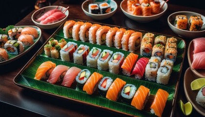  a close up of a tray of sushi on a table with bowls of other sushi on the side of the tray and a plate of the same kind of sushi on the table. - obrazy, fototapety, plakaty