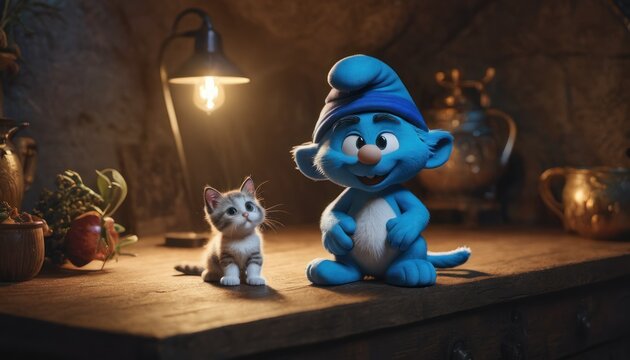  a cat sitting next to a blue and white cat on top of a wooden table in front of a lamp and a lamp on top of a table with a lamp.