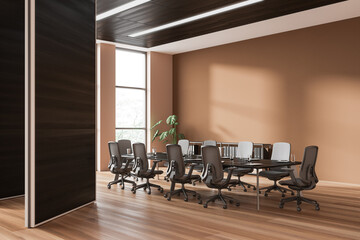 Beige office business room interior with conference board and window, doors
