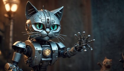  a close up of a robot cat figurine with a cat on it's arm and a cat on the other side of the figurine with green eyes. - obrazy, fototapety, plakaty